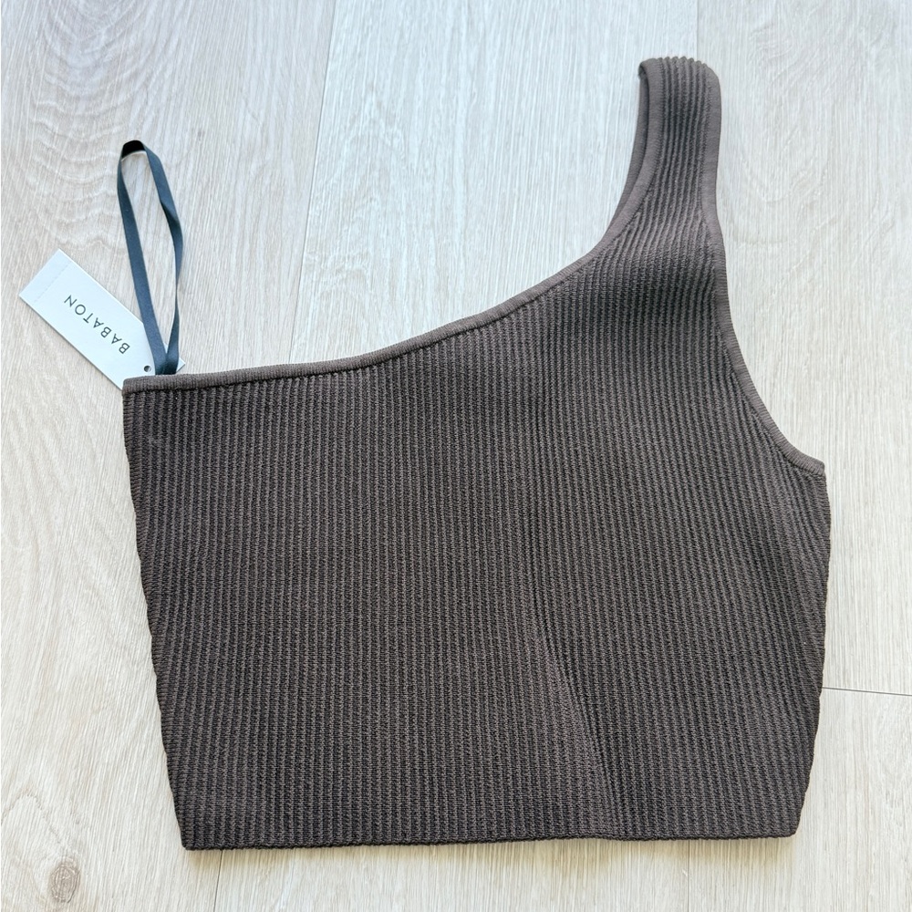 Babaton Brown Ribbed One-Shoulder Tank Top